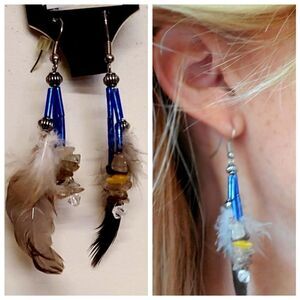 NWT! Artisian handmade feather crystal earrings